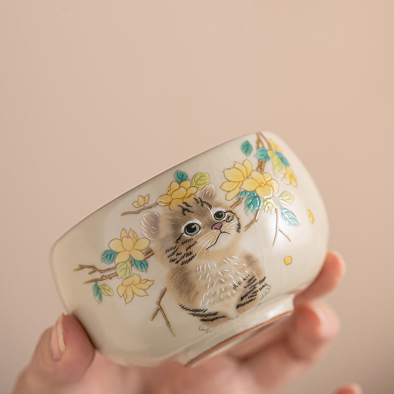 Tazza da tè Kung Fu Buddha Stones, gatto carino, fiori gialli e coniglio - image 2