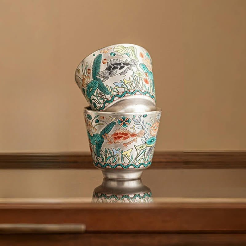 Tazza da tè Kung Fu con Buddha Stones, pesce, loto e alghe, 45 ml, con scatola regalo