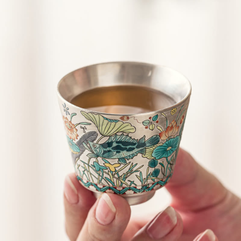 Tazza da tè Kung Fu con Buddha Stones, pesce, loto e alghe, 45 ml, con scatola regalo