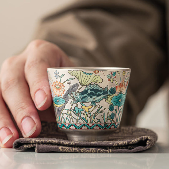 Tazza da tè Kung Fu con Buddha Stones, pesce, loto e alghe, 45 ml, con scatola regalo