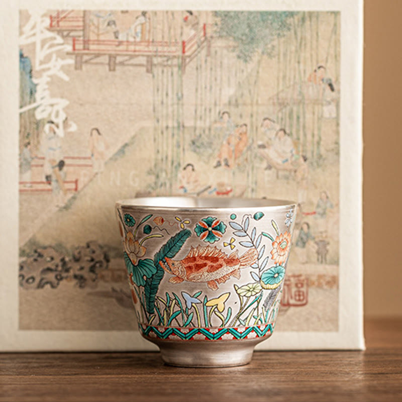 Tazza da tè Kung Fu con Buddha Stones, pesce, loto e alghe, 45 ml, con scatola regalo
