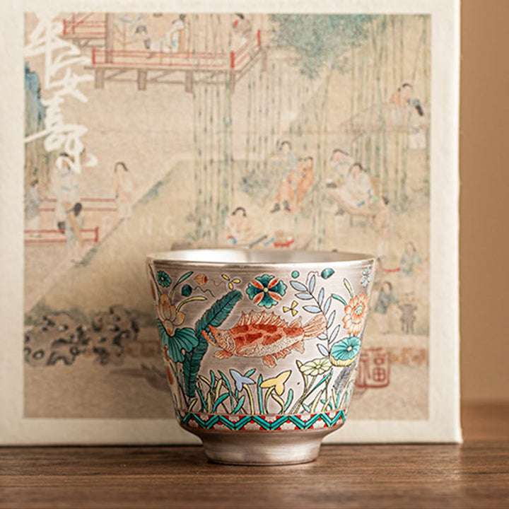 Tazza da tè Kung Fu con Buddha Stones, pesce, loto e alghe, 45 ml, con scatola regalo
