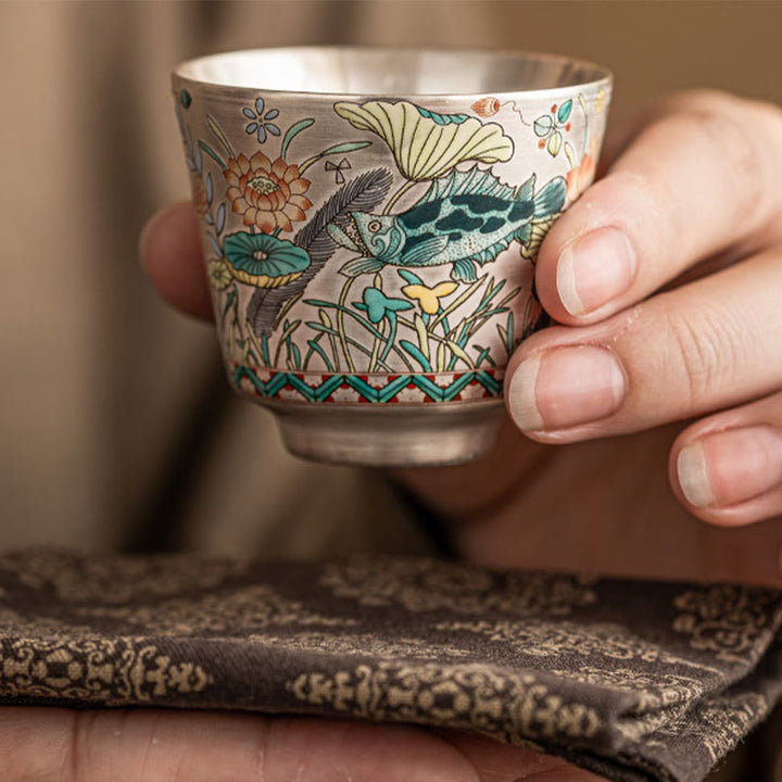 Tazza da tè Kung Fu con Buddha Stones, pesce, loto e alghe, 45 ml, con scatola regalo