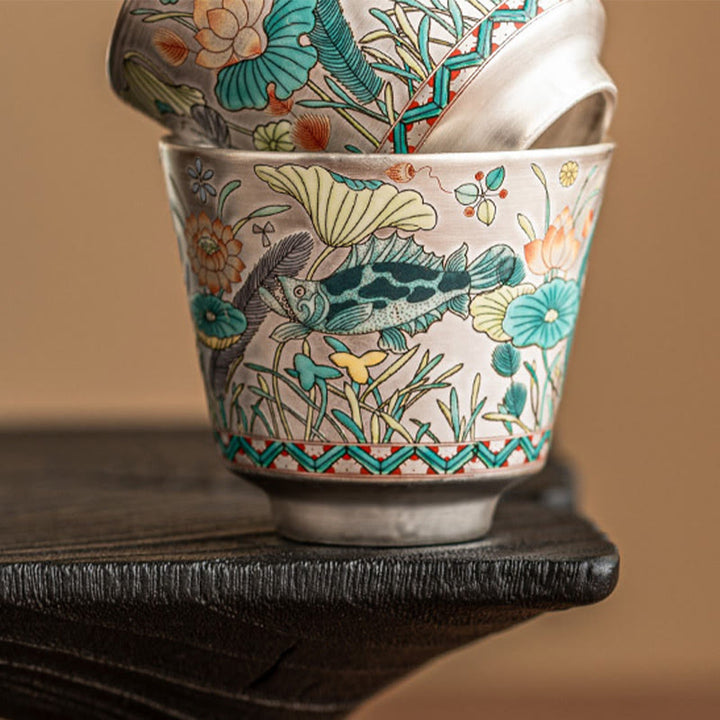Tazza da tè Kung Fu con Buddha Stones, pesce, loto e alghe, 45 ml, con scatola regalo