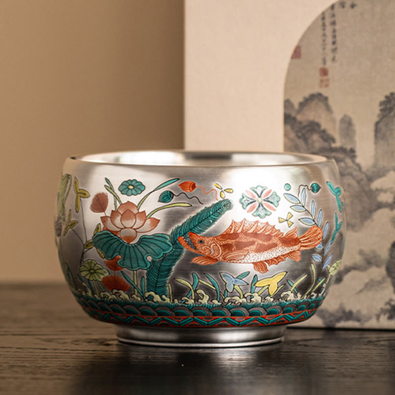 Tazza da tè Kung Fu con scatola regalo , Buddha Stones, pesce, loto, alghe, valle, montagne, pino, drago