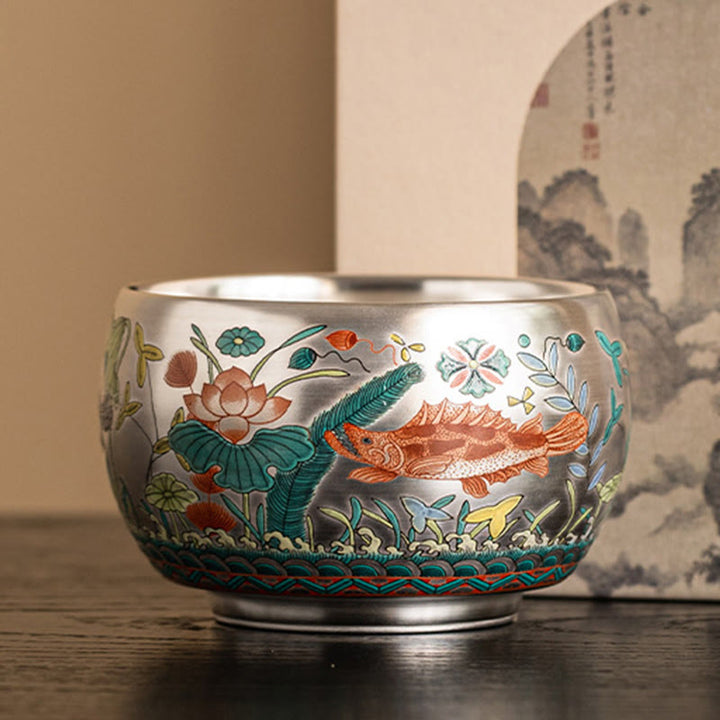 Tazza da tè Kung Fu con scatola regalo , Buddha Stones, pesce, loto, alghe, valle, montagne, pino, drago