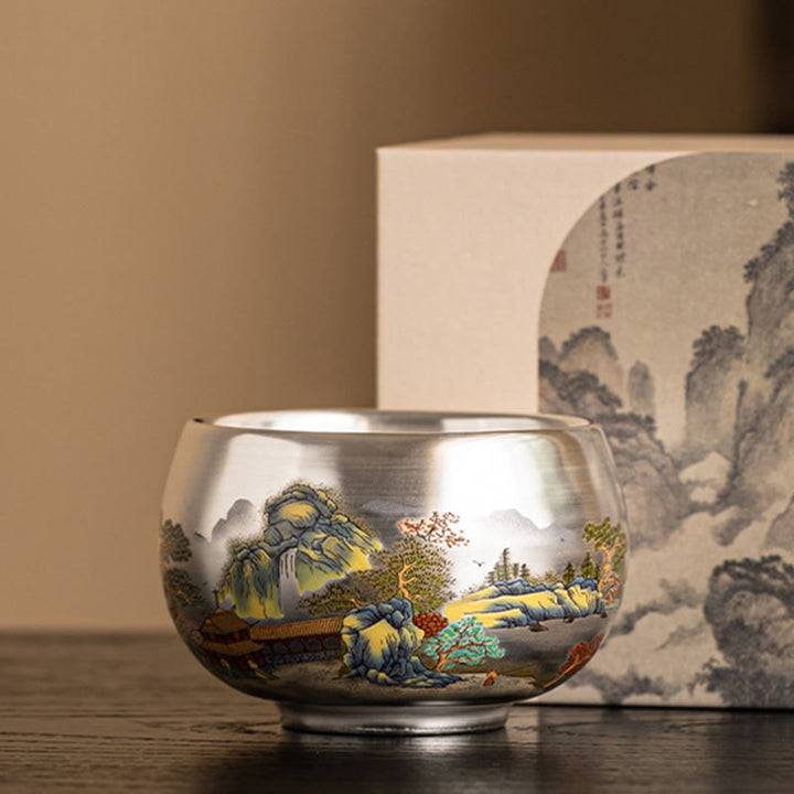 Tazza da tè Kung Fu con scatola regalo , Buddha Stones, pesce, loto, alghe, valle, montagne, pino, drago