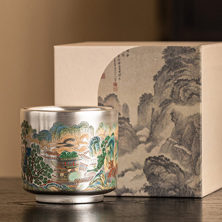 Tazza da tè Kung Fu con scatola regalo , Buddha Stones, pesce, loto, alghe, valle, montagne, pino, drago