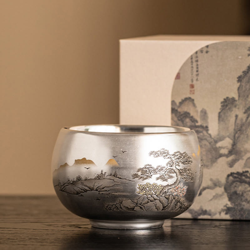 Tazza da tè Kung Fu con scatola regalo , Buddha Stones, pesce, loto, alghe, valle, montagne, pino, drago