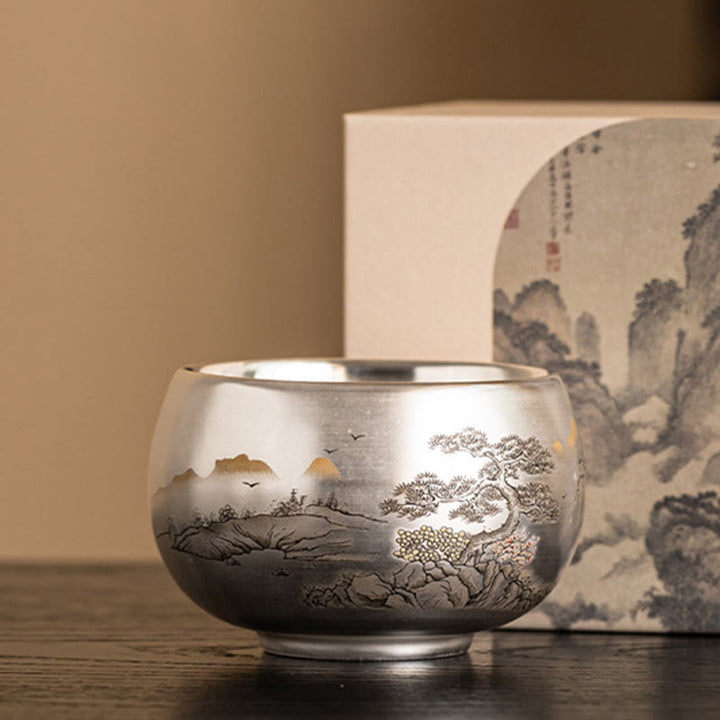 Tazza da tè Kung Fu con scatola regalo , Buddha Stones, pesce, loto, alghe, valle, montagne, pino, drago