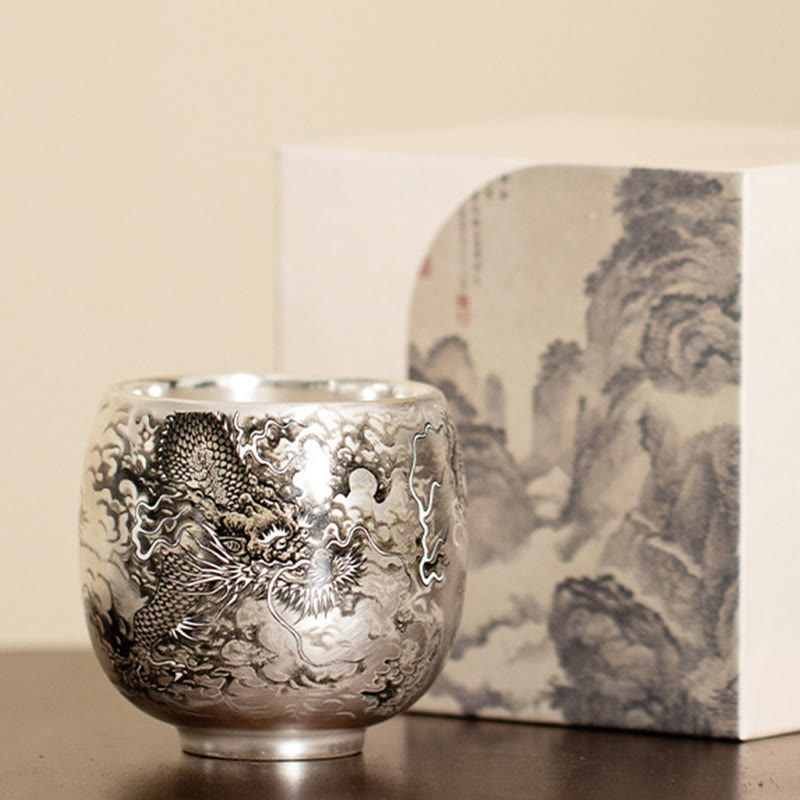 Tazza da tè Kung Fu con scatola regalo , Buddha Stones, pesce, loto, alghe, valle, montagne, pino, drago