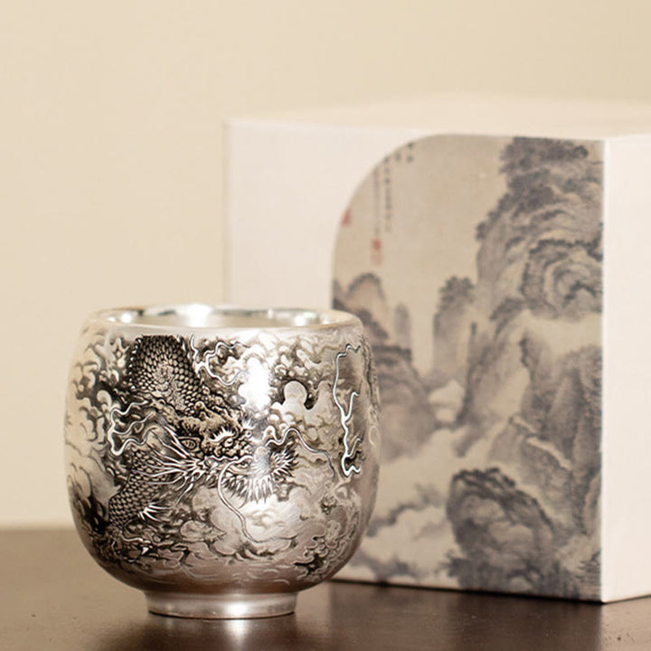 Tazza da tè Kung Fu con scatola regalo , Buddha Stones, pesce, loto, alghe, valle, montagne, pino, drago