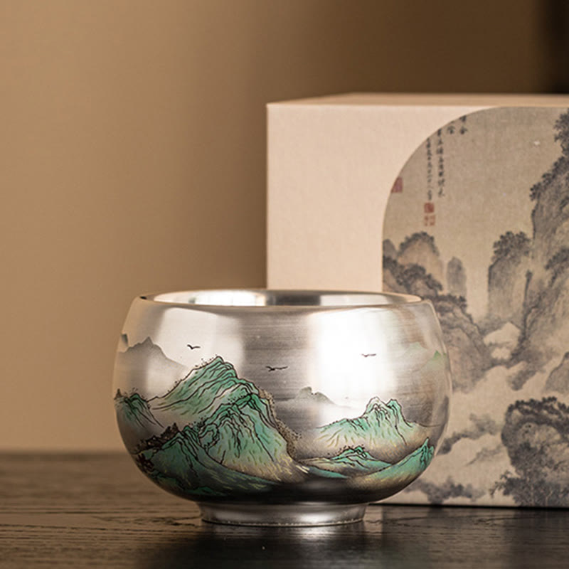 Tazza da tè Kung Fu con scatola regalo , Buddha Stones, pesce, loto, alghe, valle, montagne, pino, drago