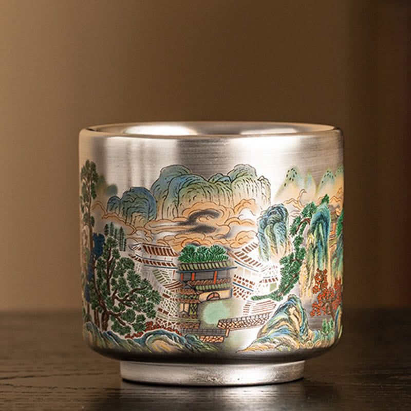 Tazza da tè Kung Fu con scatola regalo , Buddha Stones, pesce, loto, alghe, valle, montagne, pino, drago