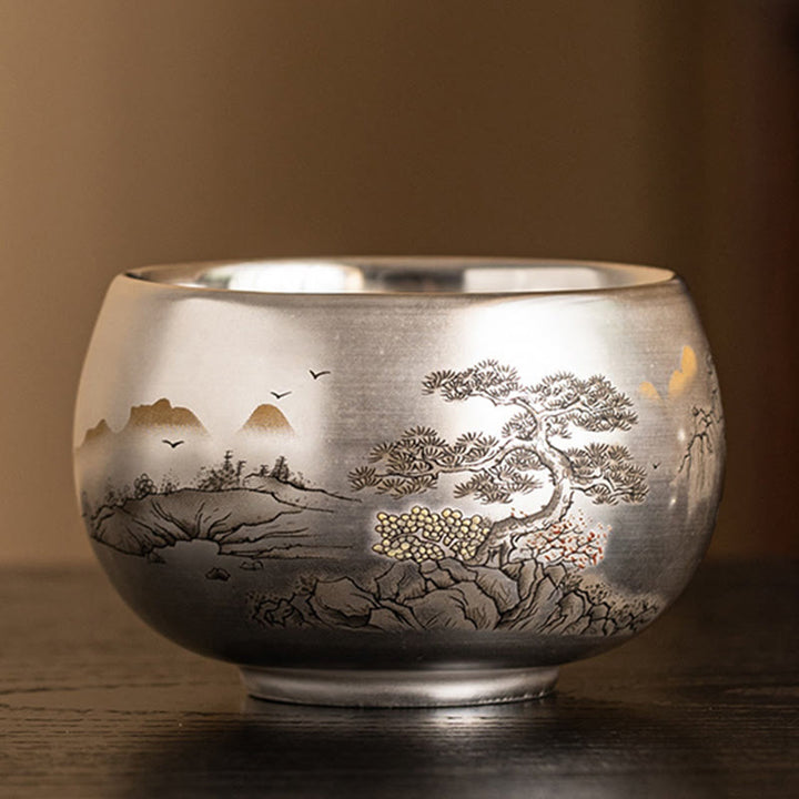 Tazza da tè Kung Fu con scatola regalo , Buddha Stones, pesce, loto, alghe, valle, montagne, pino, drago
