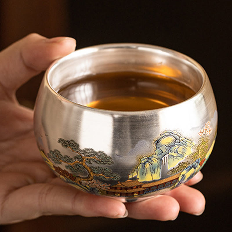 Tazza da tè Kung Fu con scatola regalo , Buddha Stones, pesce, loto, alghe, valle, montagne, pino, drago