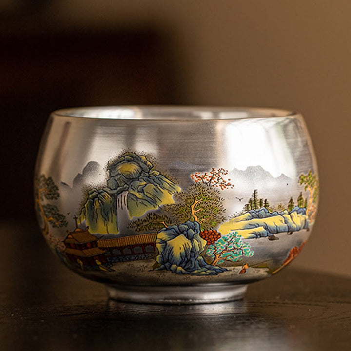 Tazza da tè Kung Fu con scatola regalo , Buddha Stones, pesce, loto, alghe, valle, montagne, pino, drago