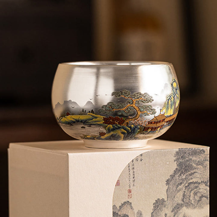 Tazza da tè Kung Fu con scatola regalo , Buddha Stones, pesce, loto, alghe, valle, montagne, pino, drago