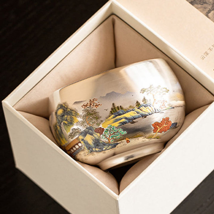 Tazza da tè Kung Fu con scatola regalo , Buddha Stones, pesce, loto, alghe, valle, montagne, pino, drago