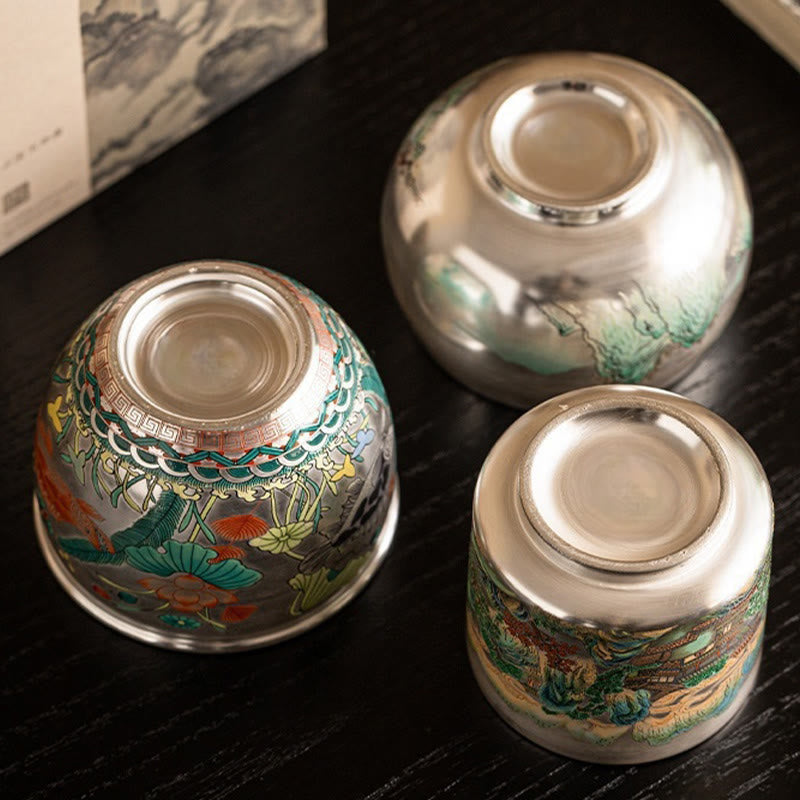 Tazza da tè Kung Fu con scatola regalo , Buddha Stones, pesce, loto, alghe, valle, montagne, pino, drago
