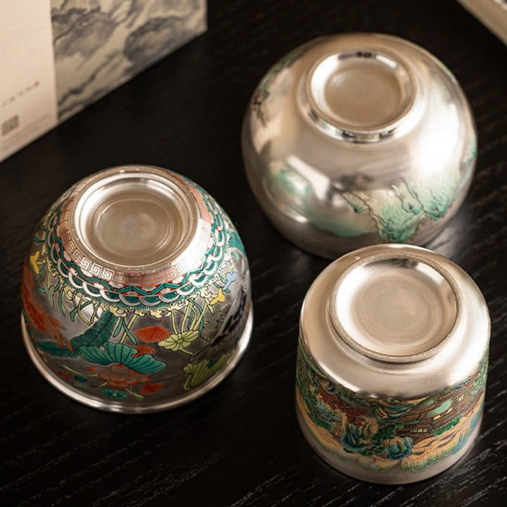 Tazza da tè Kung Fu con scatola regalo , Buddha Stones, pesce, loto, alghe, valle, montagne, pino, drago