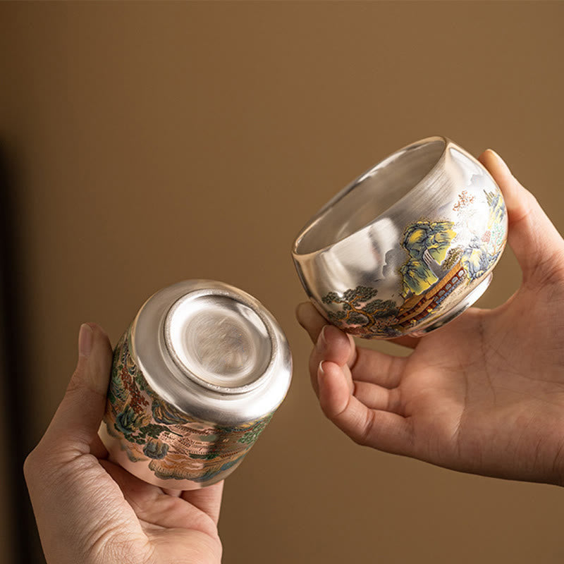 Tazza da tè Kung Fu con scatola regalo , Buddha Stones, pesce, loto, alghe, valle, montagne, pino, drago