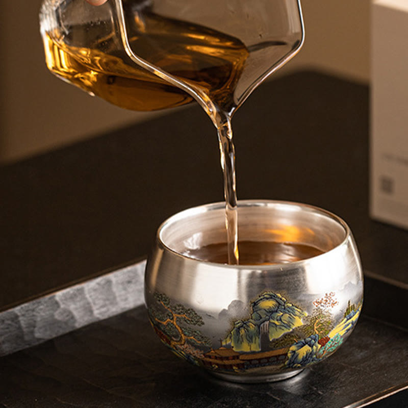 Tazza da tè Kung Fu con scatola regalo , Buddha Stones, pesce, loto, alghe, valle, montagne, pino, drago