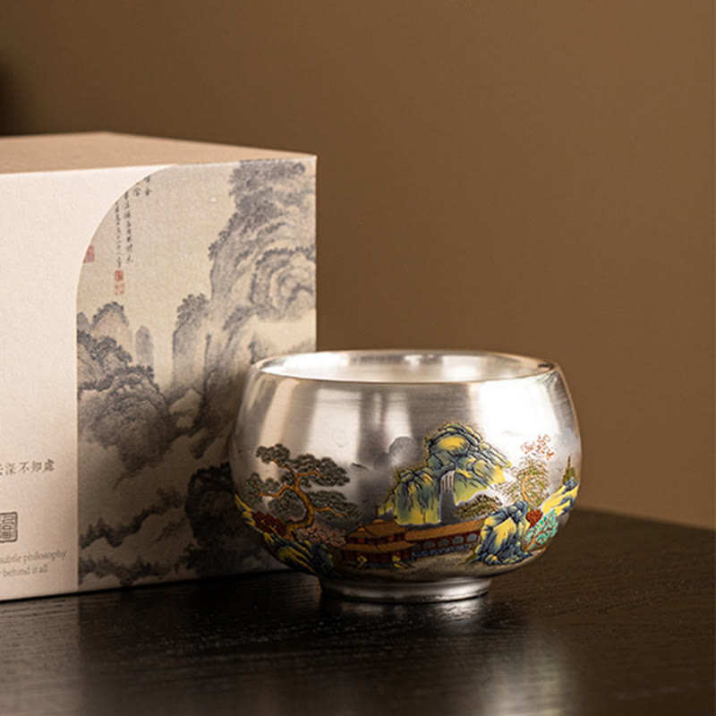 Tazza da tè Kung Fu con scatola regalo , Buddha Stones, pesce, loto, alghe, valle, montagne, pino, drago