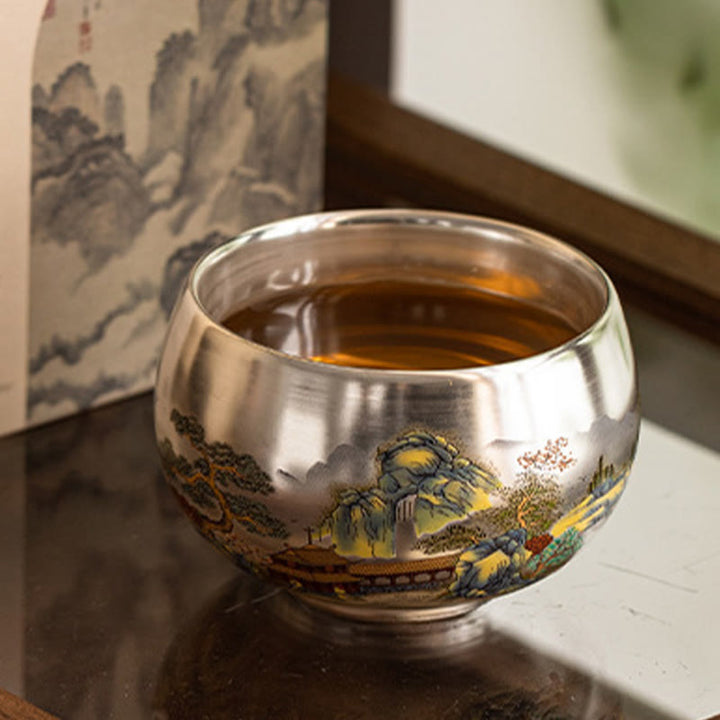 Tazza da tè Kung Fu con scatola regalo , Buddha Stones, pesce, loto, alghe, valle, montagne, pino, drago