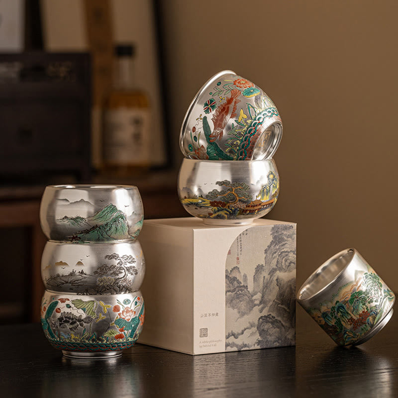 Tazza da tè Kung Fu con scatola regalo , Buddha Stones, pesce, loto, alghe, valle, montagne, pino, drago