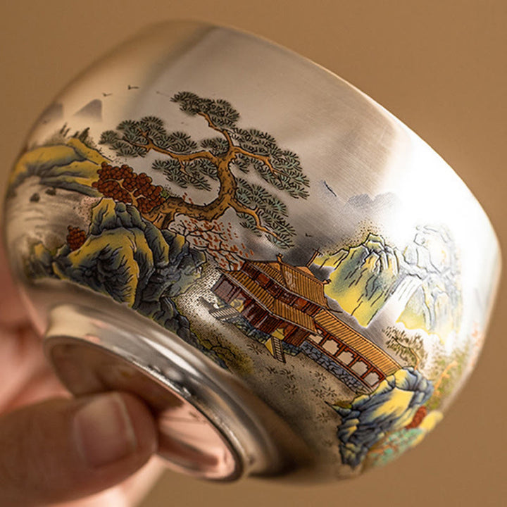 Tazza da tè Kung Fu con scatola regalo , Buddha Stones, pesce, loto, alghe, valle, montagne, pino, drago