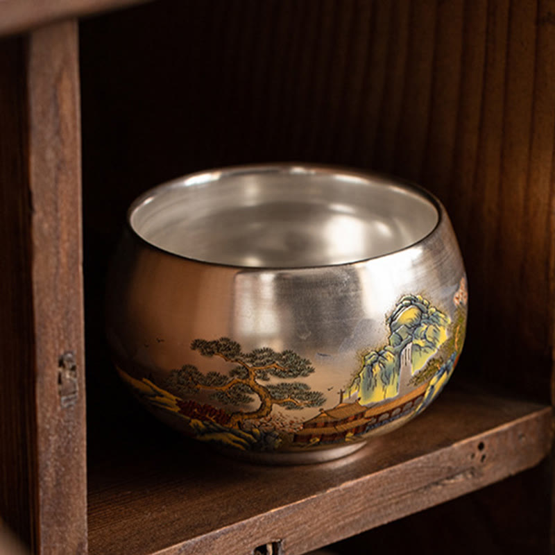 Tazza da tè Kung Fu con scatola regalo , Buddha Stones, pesce, loto, alghe, valle, montagne, pino, drago