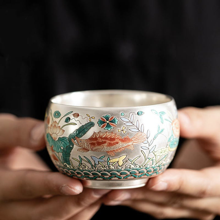 Tazza da tè Kung Fu con scatola regalo , Buddha Stones, pesce, loto, alghe, valle, montagne, pino, drago