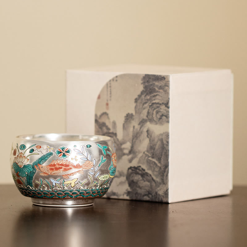 Tazza da tè Kung Fu con scatola regalo , Buddha Stones, pesce, loto, alghe, valle, montagne, pino, drago