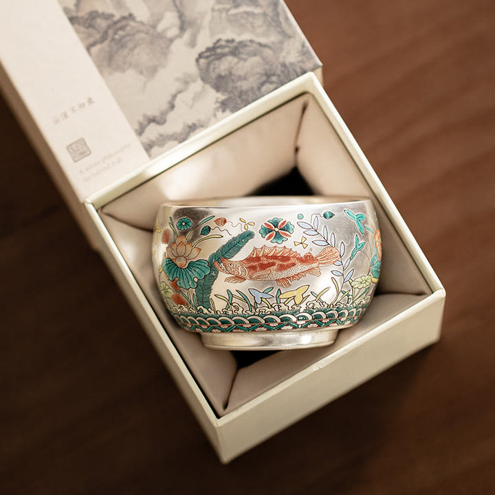 Tazza da tè Kung Fu con scatola regalo , Buddha Stones, pesce, loto, alghe, valle, montagne, pino, drago