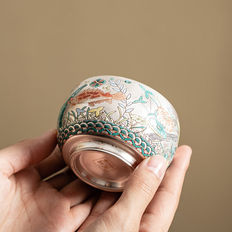 Tazza da tè Kung Fu con scatola regalo , Buddha Stones, pesce, loto, alghe, valle, montagne, pino, drago