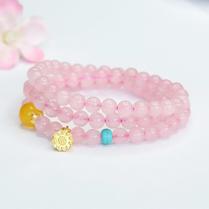 Bracciale Buddha Stones con cristalli rosa e calcedonio giallo multi-cerchio, calore del loto - image 4