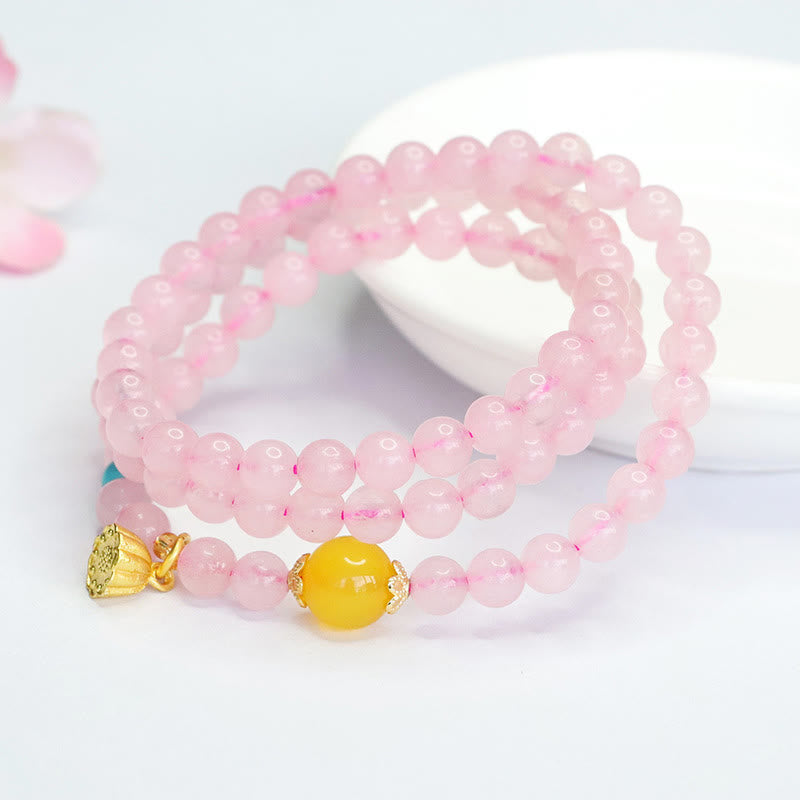 Bracciale Buddha Stones con cristalli rosa e calcedonio giallo multi-cerchio, calore del loto - image 1