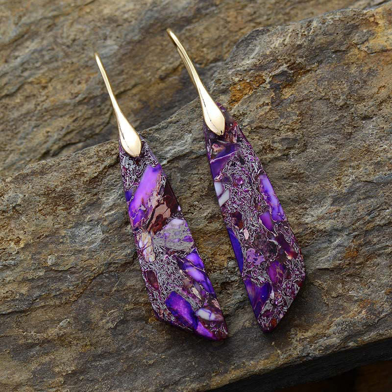 Orecchini antistress geometrici in cristallo naturale con pietra dell'imperatore e Buddha Stones - Pietra dell'Imperatore Viola (Pali di Rame)-Oro - image 10