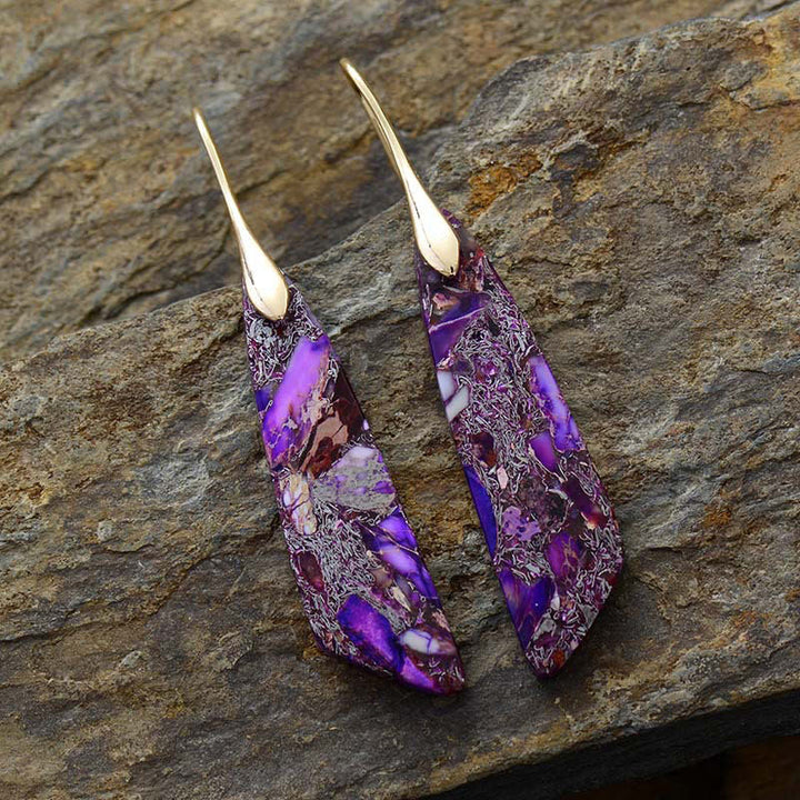 Orecchini antistress geometrici in cristallo naturale con pietra dell'imperatore e Buddha Stones - Pietra dell'Imperatore Viola (Pali di Rame)-Oro - image 10