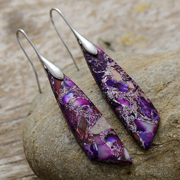 Orecchini antistress geometrici in cristallo naturale con pietra dell'imperatore e Buddha Stones - Pietra dell'Imperatore Viola (Pali di Rame)-Argento - image 11