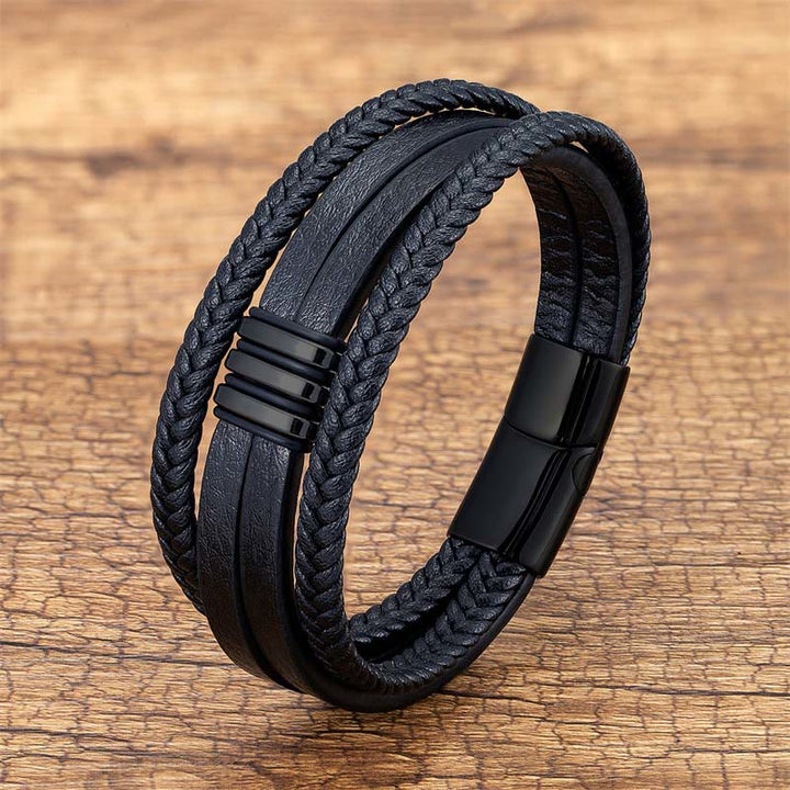 Bracciale con fibbia in acciaio al titanio calmo in pelle intrecciata fatta a mano Buddha Stones