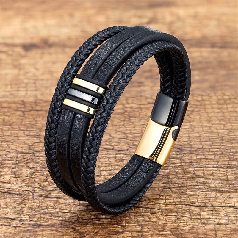 Bracciale con fibbia in acciaio al titanio calmo in pelle intrecciata fatta a mano Buddha Stones