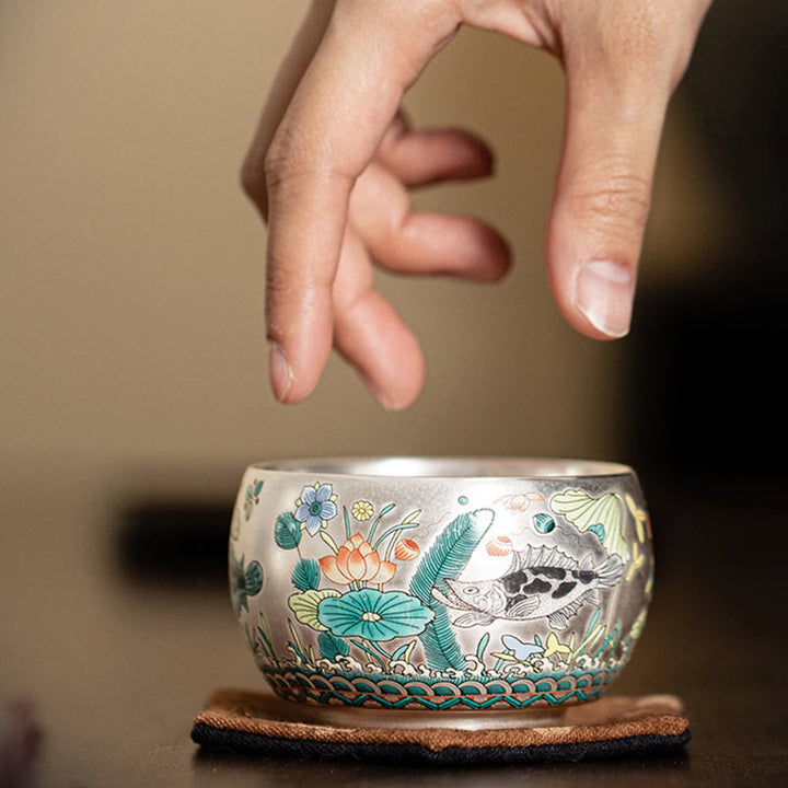 Tazza da tè Kung Fu con scatola regalo , Buddha Stones, pesce, loto, alghe, valle, montagne, pino, drago