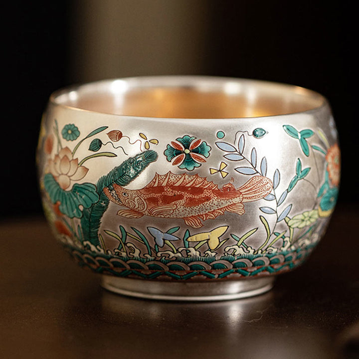 Tazza da tè Kung Fu con scatola regalo , Buddha Stones, pesce, loto, alghe, valle, montagne, pino, drago