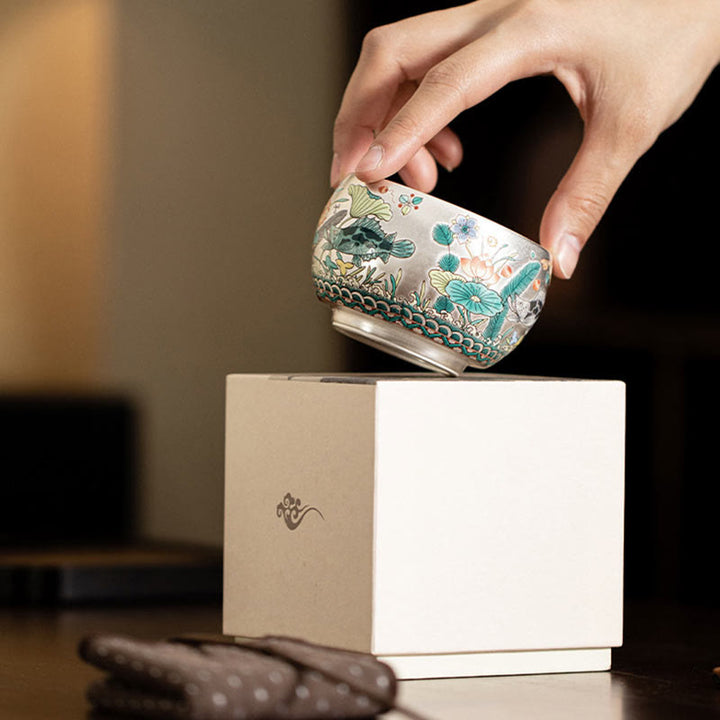 Tazza da tè Kung Fu con scatola regalo , Buddha Stones, pesce, loto, alghe, valle, montagne, pino, drago