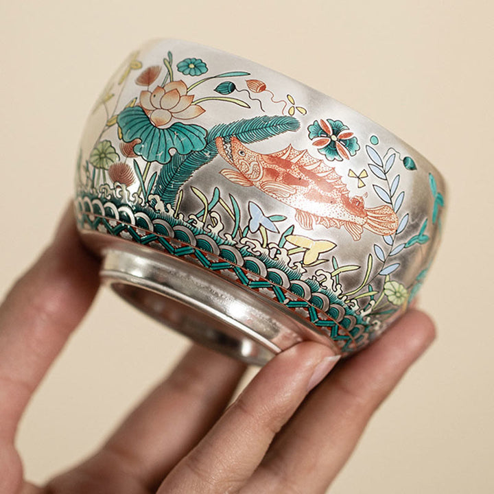 Tazza da tè Kung Fu con scatola regalo , Buddha Stones, pesce, loto, alghe, valle, montagne, pino, drago