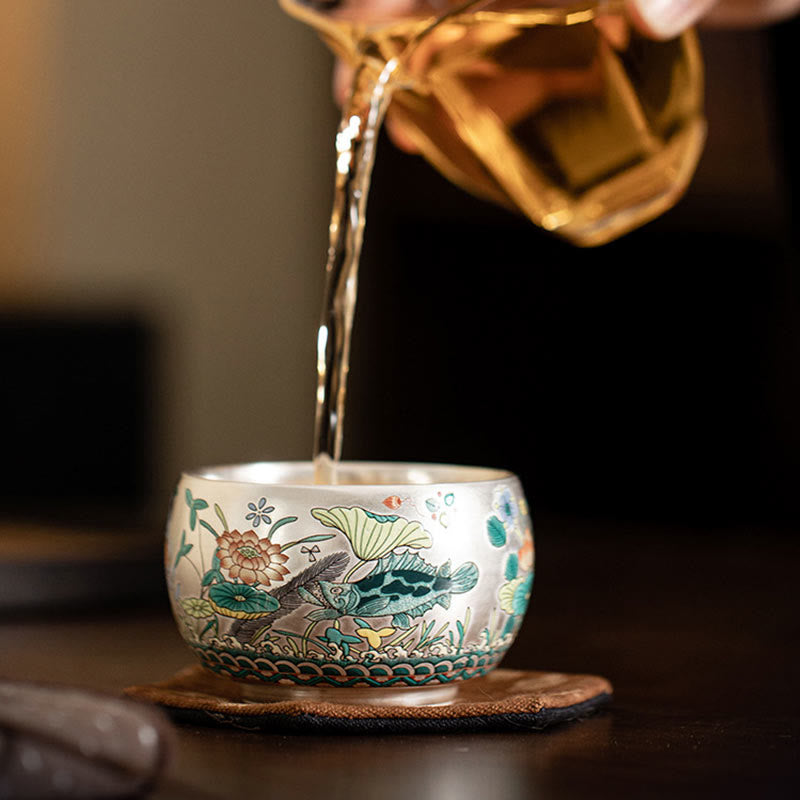 Tazza da tè Kung Fu con scatola regalo , Buddha Stones, pesce, loto, alghe, valle, montagne, pino, drago