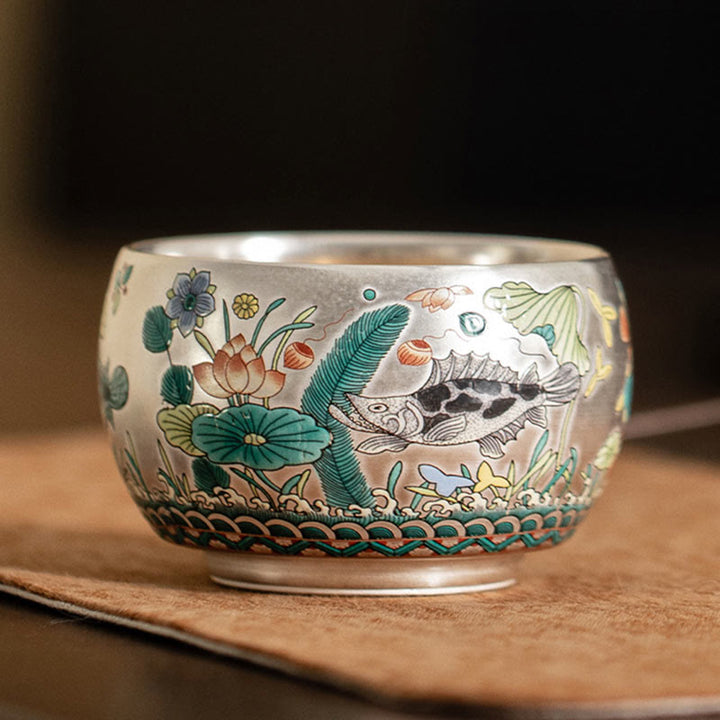 Tazza da tè Kung Fu con scatola regalo , Buddha Stones, pesce, loto, alghe, valle, montagne, pino, drago