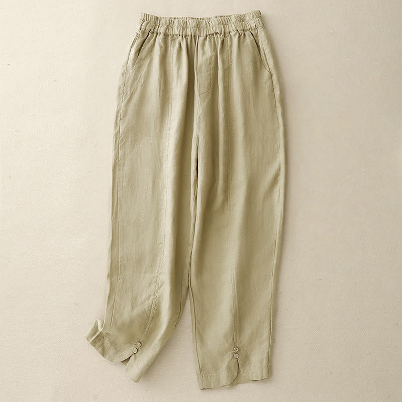 Pantaloni harem da donna in cotone e lino con tasche, modello Buddha Stones, tinta unita, estivi, con bottoni laterali - PaleGoldenrod - US8-10, UK/AU12-14, EU40-42 (2XL) - image 0